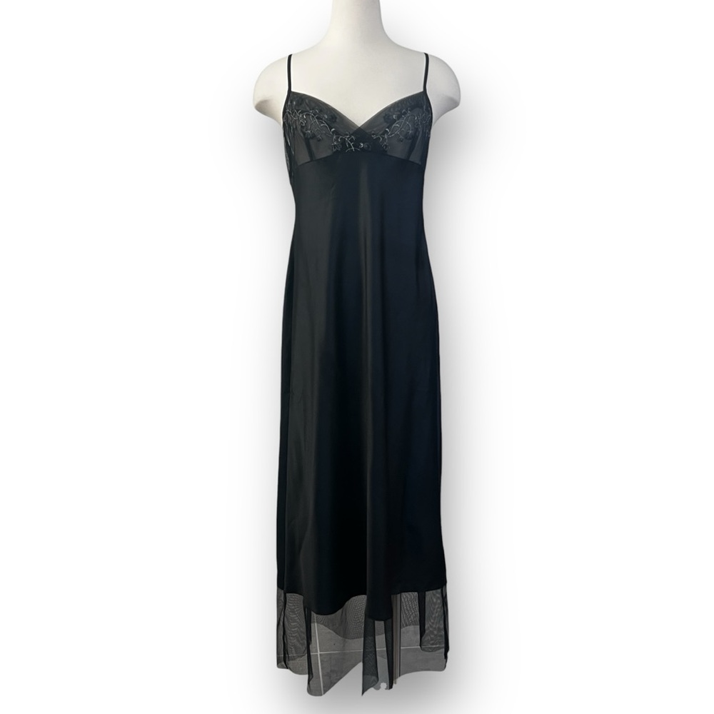 Victoria’s Secret Black Satin, Sheer Lace, Silver Embroidery Slip Dress Gown